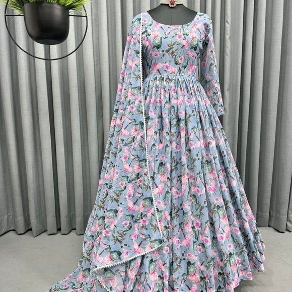 BEAUTIFUL GEORGETTE FLORAL PRINTED FULL FLAIRED GOWN SET WITH PANT AND DUPATTA - Picture 3 of 10